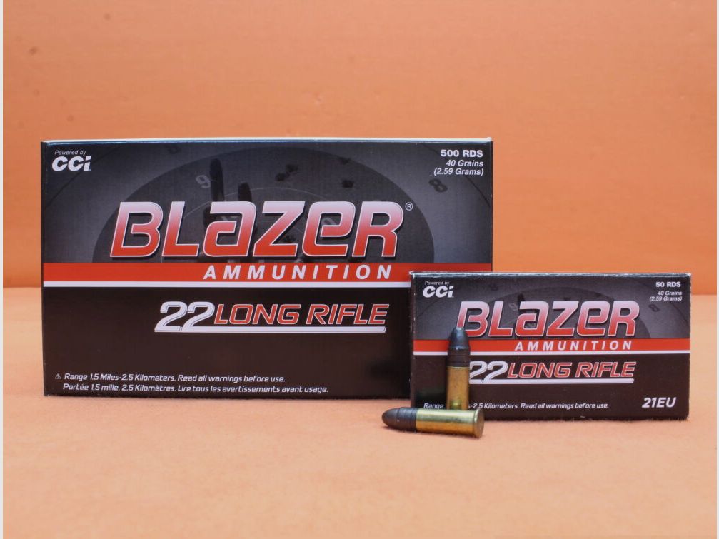 CCI. Patrone .22lr Blazer 40grs LRN (00021) VE 500 Patronen (HV: 1235fps)/ 2,6g Blei-Rundkopf