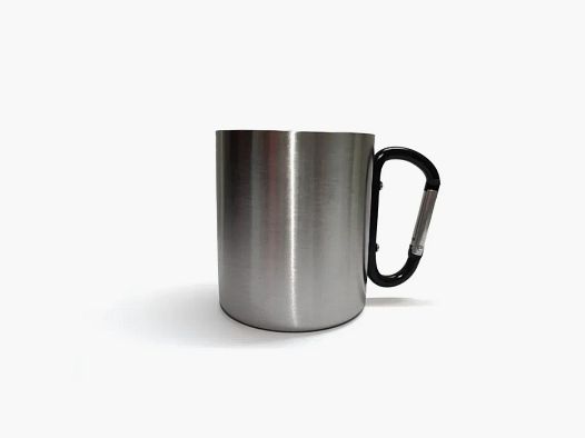 Double-walled stainless steel mug with black carabiner handle