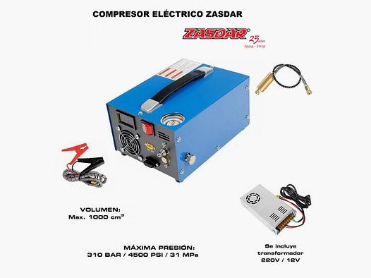 Elektrischer Kompressor ZASDAR 12v/220v für PCP 300 Bar. 1000cc. (4500PSI/30MPH)