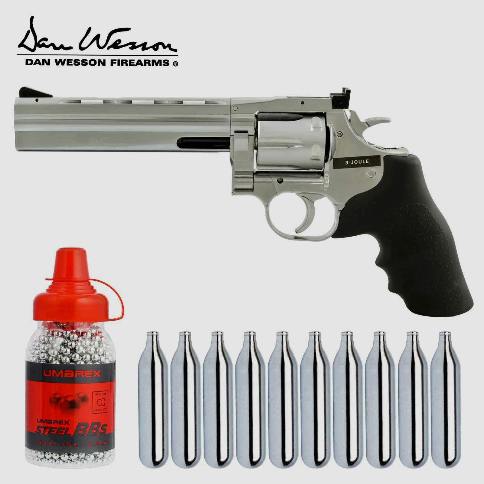 Komplettset Dan Wesson Co2-Revolver 715 Lauflänge 6" 4,5 mm Stahl BB Silber (P18) + 10 Co2-Kapseln Umarex + 1500 Stahl-BB's Umarex