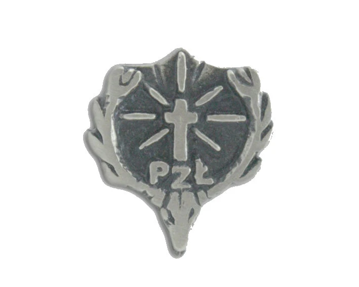 Verzilverd PZŁ-insigne van brons, 12 mm, met speldsluiting – Polski Związek Łowiecki