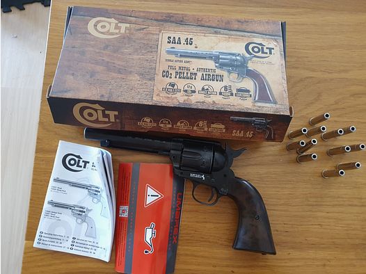 Colt Single Action Army® SAA Co2-Revolver Antik Finish Kaliber 4,5 mm Diabolo, gezogener Lauf inklusive 12 Ladehülsen für 4,5 mm Diabolo, wie neu 