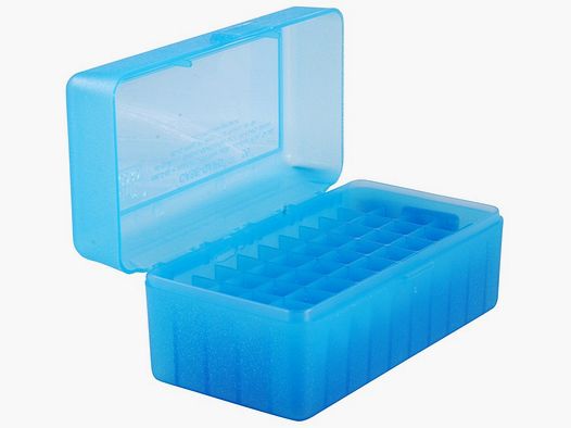 Caja de cartuchos MTM RMLD-50-24 azul transparente con tapa abatible para 50 cartuchos .45-70 y otros.