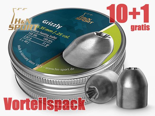 10+1 GRATIS x 150 StĂĽck H&N Jagd-Diabolo GRIZZLY, Kal. 6,35 mm .25, Gewicht 2,02g