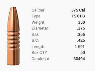 Barnes bullet .375/.375 350GR TSX HP FB 50 pieces