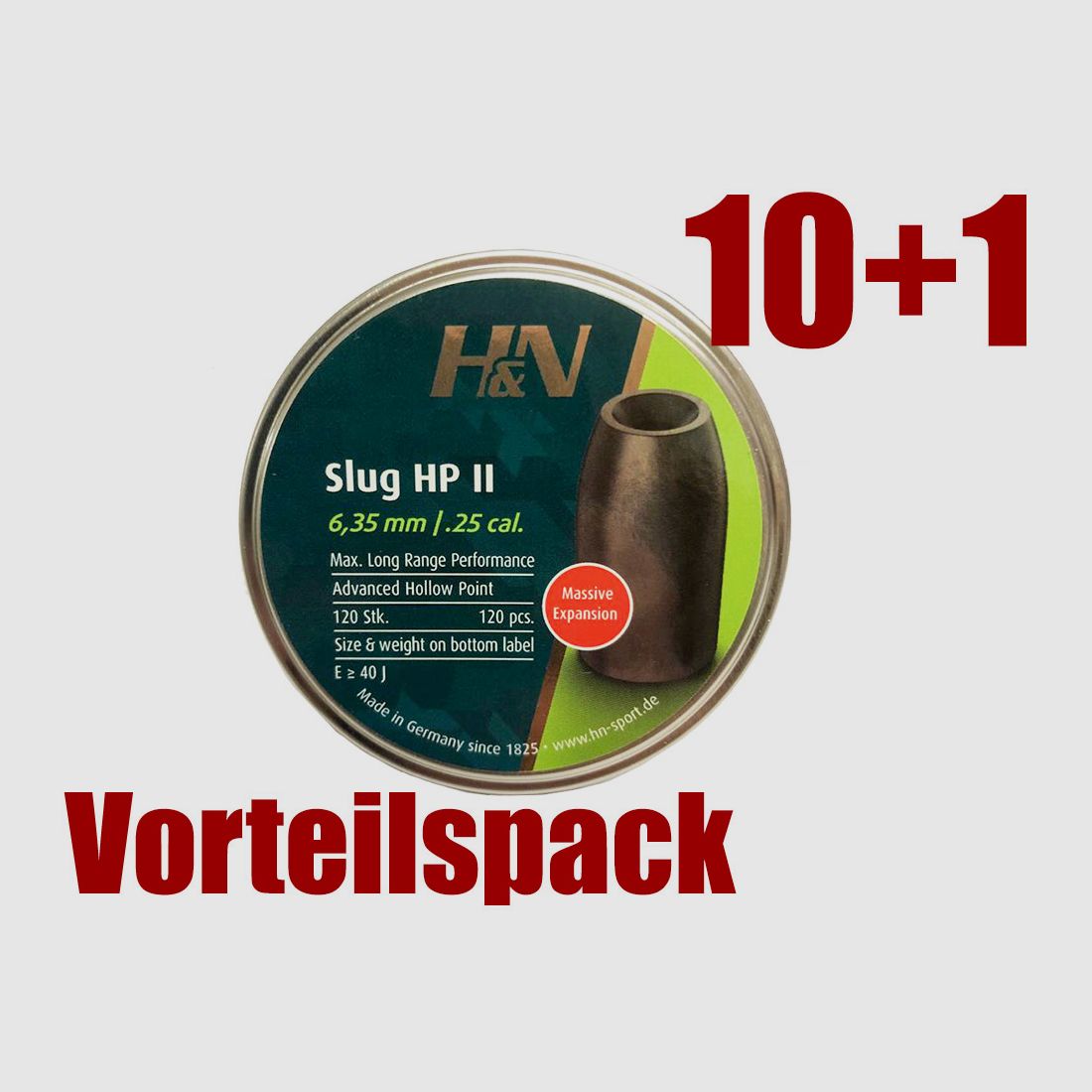 Vorteilspack 10+1 Hohlspitz Diabolos H&N Slug HP II Kaliber 6,34 mm 2,33 g glatt 11 x 120 StĂĽck