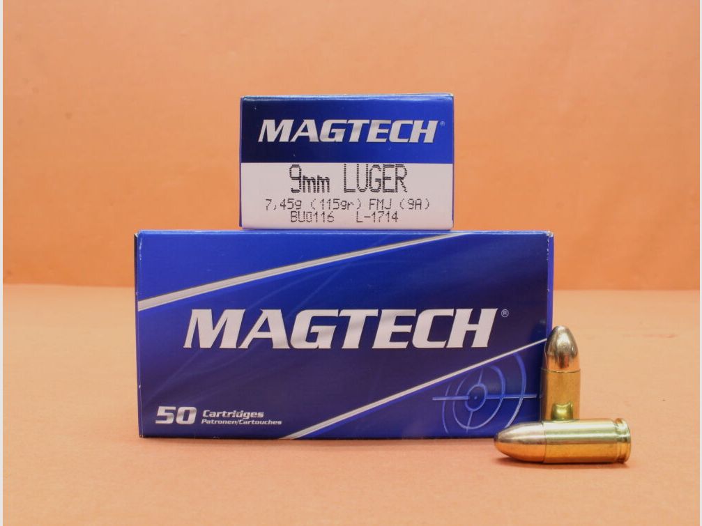 Magtech cartridge 9mm Luger Magtech 115grs FMJ/ FMC (9A) box of 50 cartridges/ 7.45g full metal jacket
