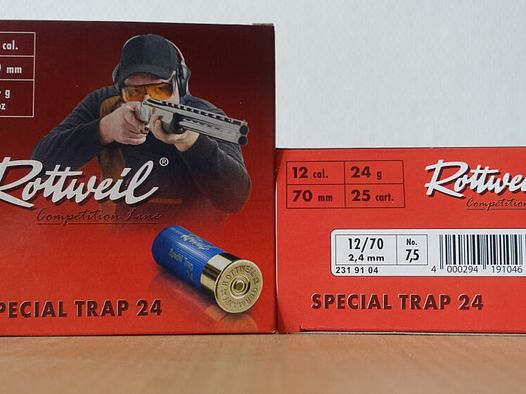 250 Schuß Rottweil Special Trap 24 12/70 24 gr Schrotpatronen	 Rottweil Special Trap 24 12/70 24 gr Schrotpatronen Blei