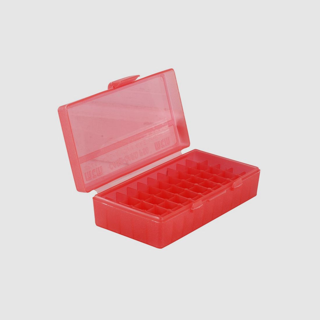 MTM scatola per cartucce P50-45-29 rossa trasparente con coperchio a ribalta per 50 cartucce .45 ACP e altre.