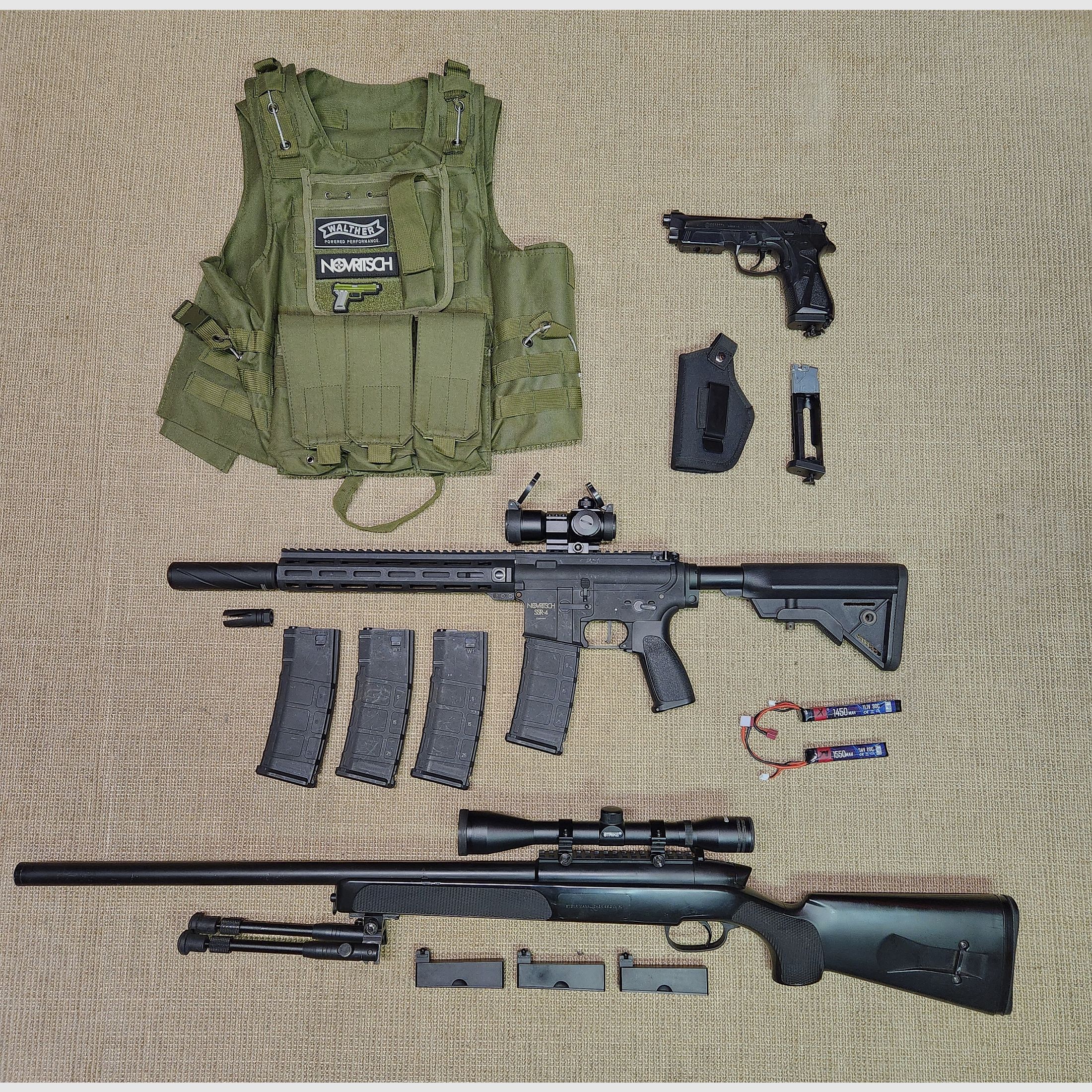 Airsoft SSR4, SSG69, Beretta M92 mit Zubehör und Plattenträger Set