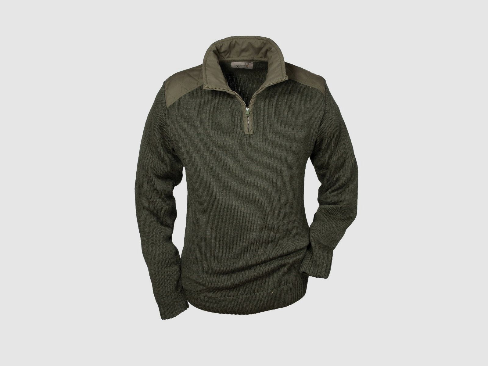 Hubertus Pullover Stehkragen m. Besatz Oliv-Braun