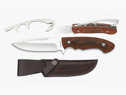 Cuchillo de caza con gancho de evisceración integrado funda de cuero para cuchillo de cazador