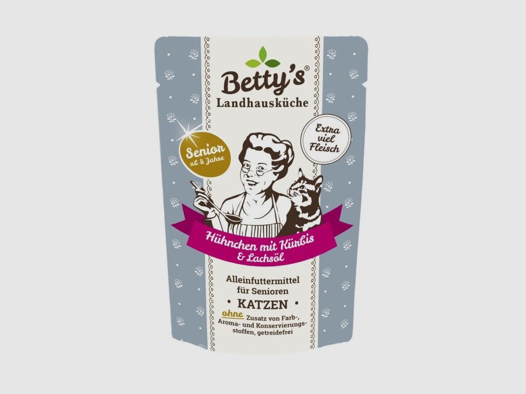 Betty's Landhausküche Katzenfutter Senior Frischebeutel Hühnchen mit Kürbis & Lachsöl 100g