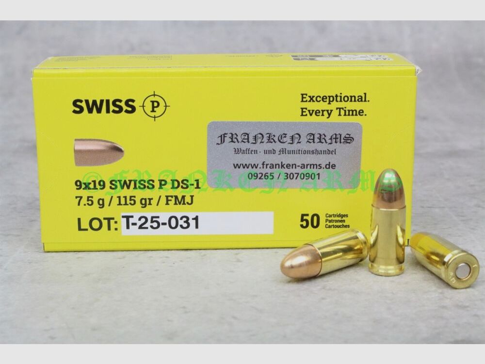 Swiss P 9x19 DS-1 FMJ 115gr. 7,5g 50 pezzi