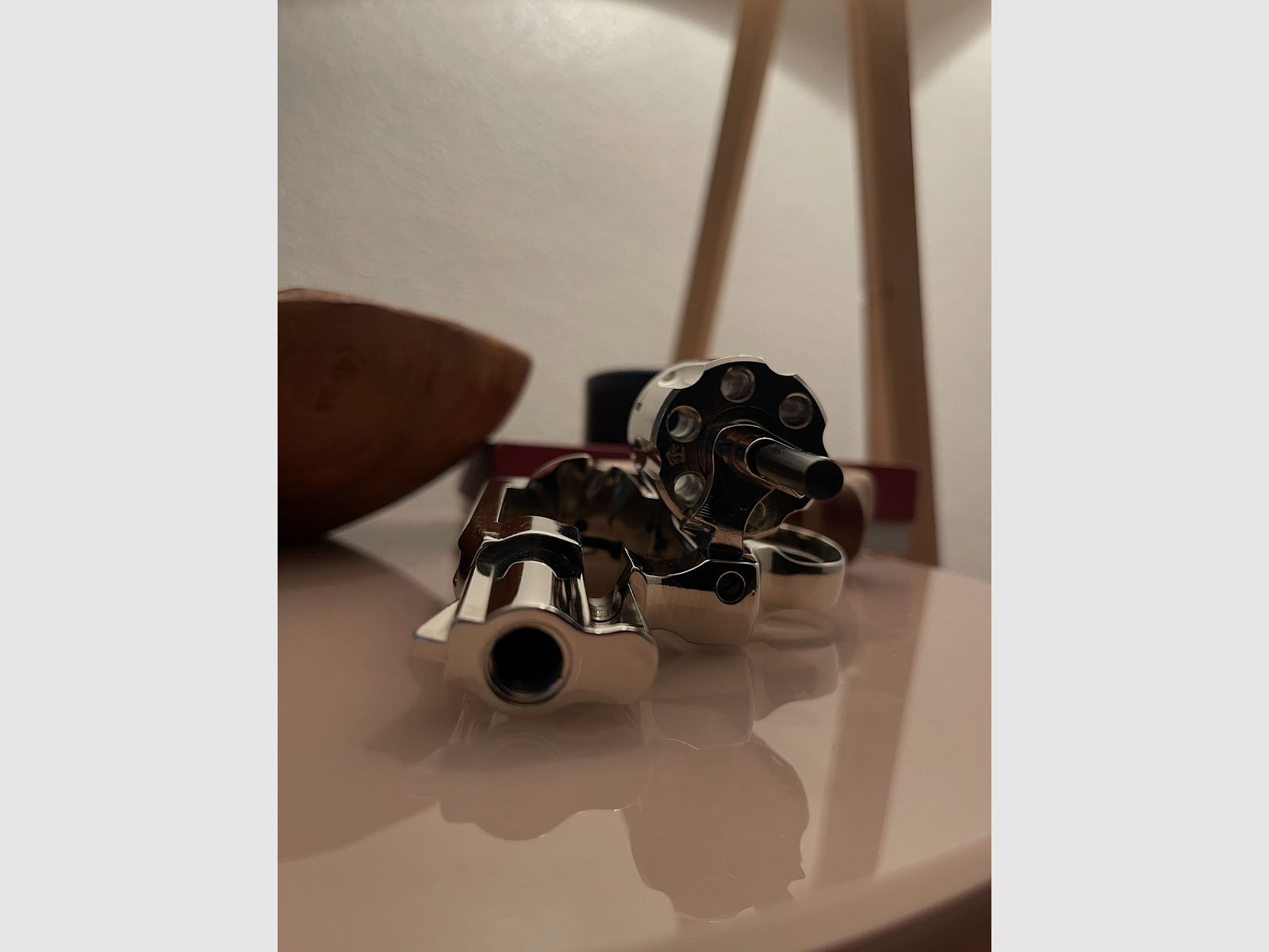 Pistolet d'alarme Mercury M1 9mm chromé avec poignée en bois, emballage d'origine