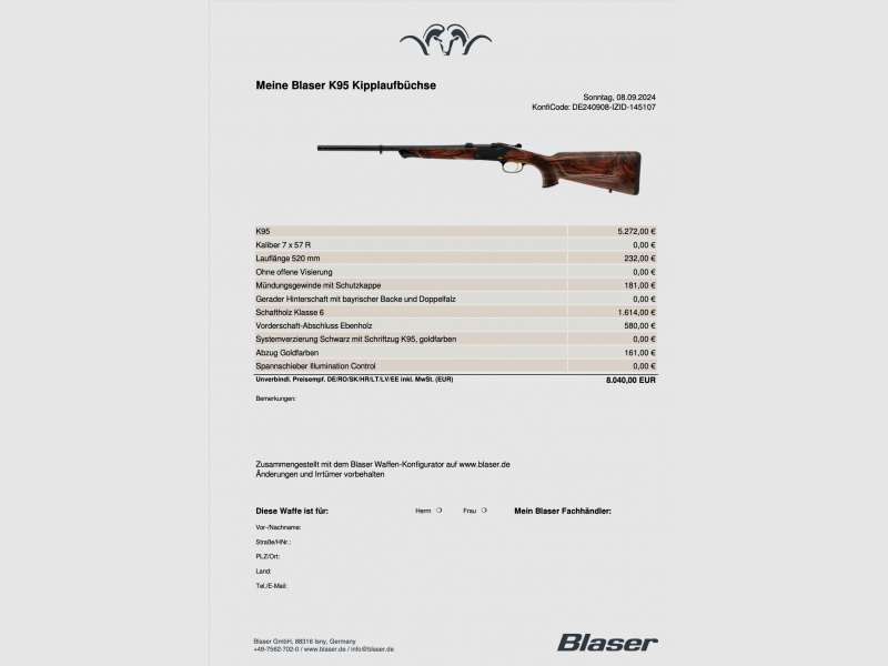 Blaser K95 Classic, 7x57R, HK 6+, 52 cm Lauf m. Gewinde, neu, Garantie, aktueller NP.: 8040,00 Euro