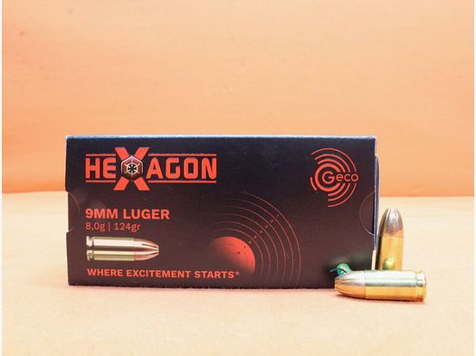 Cartuccia GECO 9mm Luger GECO 124grs HEXAGON (2318840) VE 50 cartucce (SuperClean a basso contenuto di sostanze nocive) / proiettile a punta cava da 8,0g
