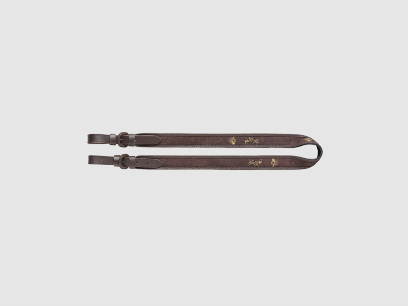 Gewehrriemen aus kräftigem Leder bestickt mit Rehkopf/Horn