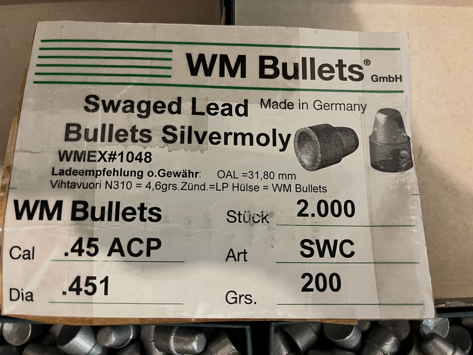 1000 Stück Geschosse 45 ACP WM Bullet SWC mit Silvermoly-Beschichtung