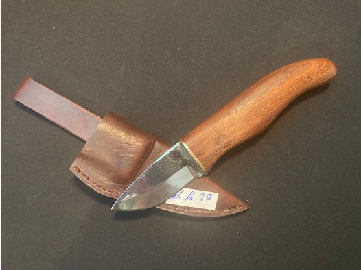 Skinner, jachtmes, riemmes, messing, leren schede, houten handvat, 39