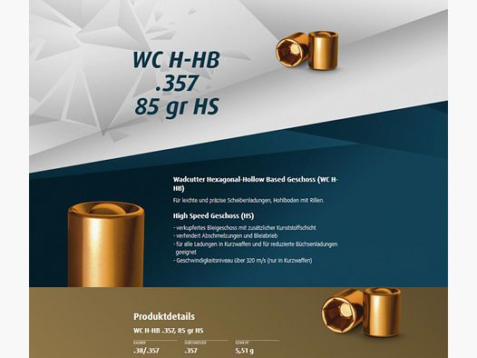 500St. H&N Geschosse .357 WC H-HB HS 85grs - .38 Special W.C. 357 | Wadcutter Hexagon BLEIGESCHOSSE