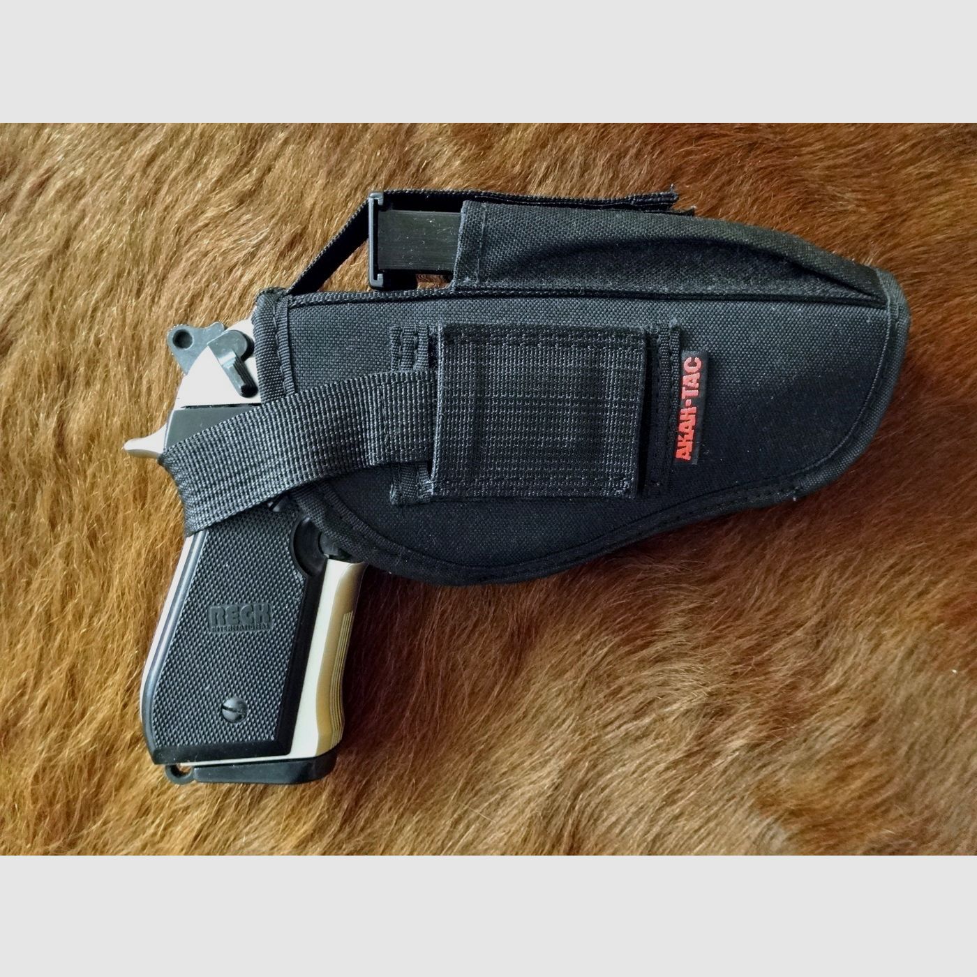 Top-Pakket! Reck Miami Mod. 92 F verchroomd, Cal. 9 mm P.A.K. + takt. Holster + 2. Magazin