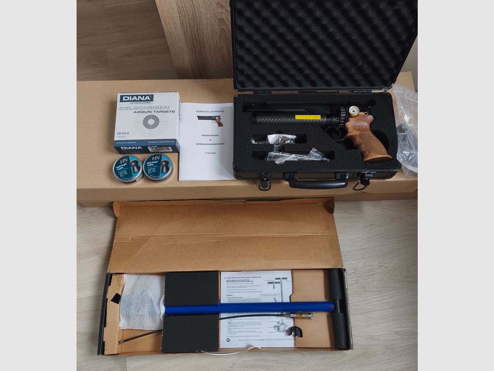 Pistola ad aria compressa Huben GK 1 Set silenziatore - come nuova, pompa