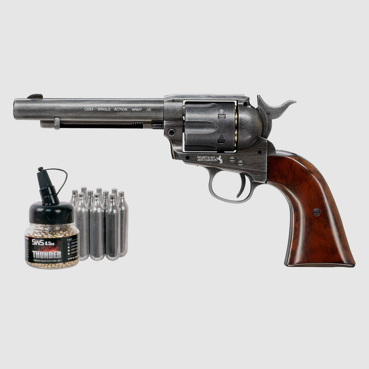 CO2 Revolver Colt Single Action Army SAA .45 5.5 Zoll Antik Finish Kaliber 4,5 mm BB (P18)+ Stahlrundkugeln CO2 Kapsel