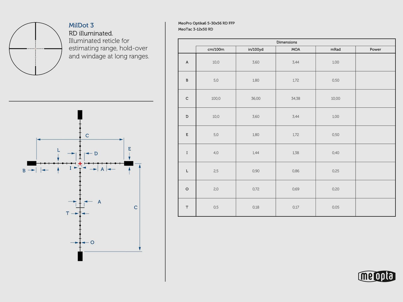 Meopta telescopio de mira 2004793001 Optika6 5-30x56 RD FFP Abs. Mil-Dot 3-R