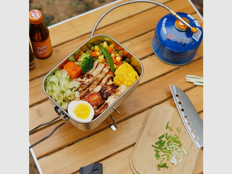 Edelstahl Lunch Box mit Schneidebrett aus Bambusholz