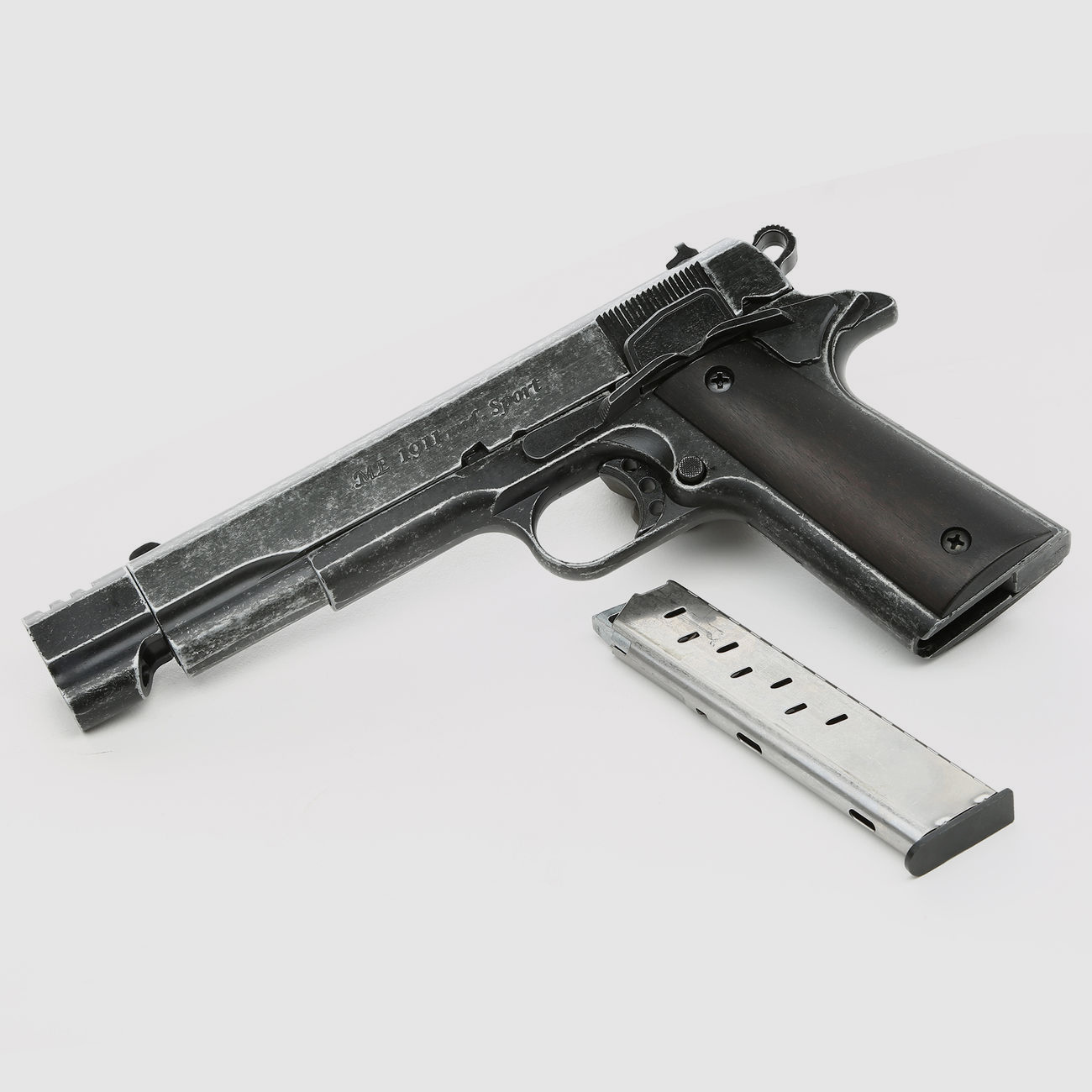 ME 1911 Model Sport, kal. 9 mm P. A. Knal, antiek-uiterlijk, houten grip