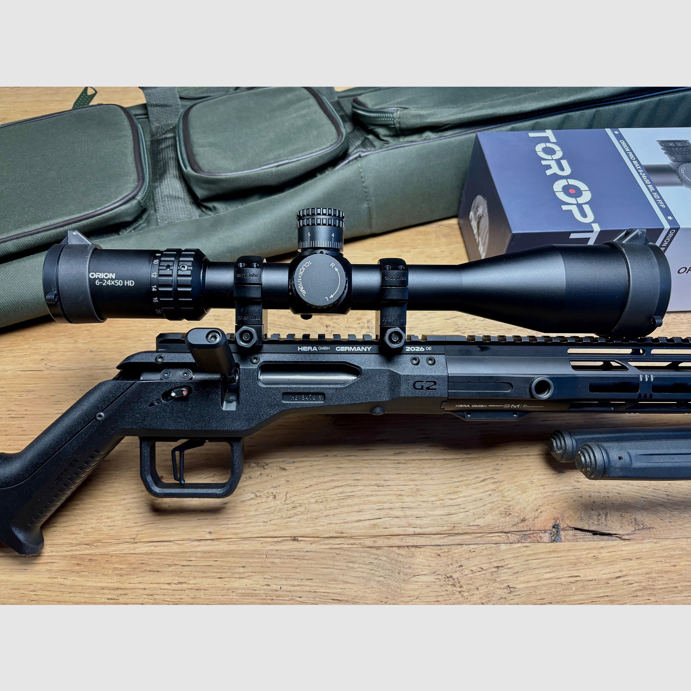 Repetierbüchse HERA H6K Kal. .223Rem mit Recknagel abzug und Klappschaft in Set mir swivel Zweibein, ZF  Orion Pro Max 6-24x50 MIL HD FFP und  Parforce Waffentasche 