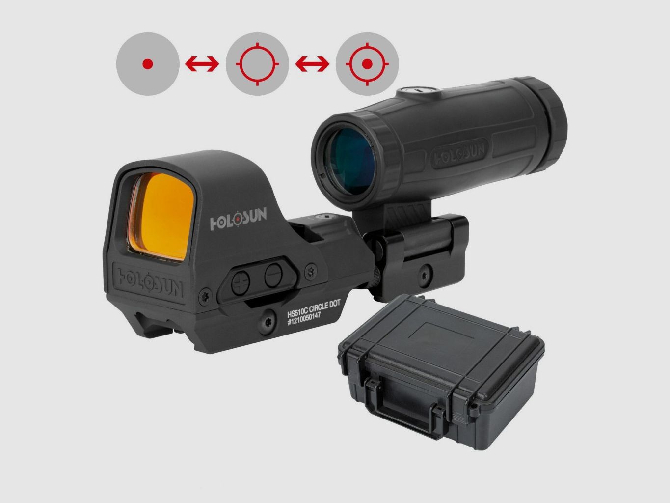 Holosun Set, Holosun Reflexvisier, Modell HS510C-RD mit rotem Wechselabsehen: 2MOA Dot, 65MOA Circledot & 65MOA Circle und Magnifier HM3X, Bild 1 von 10