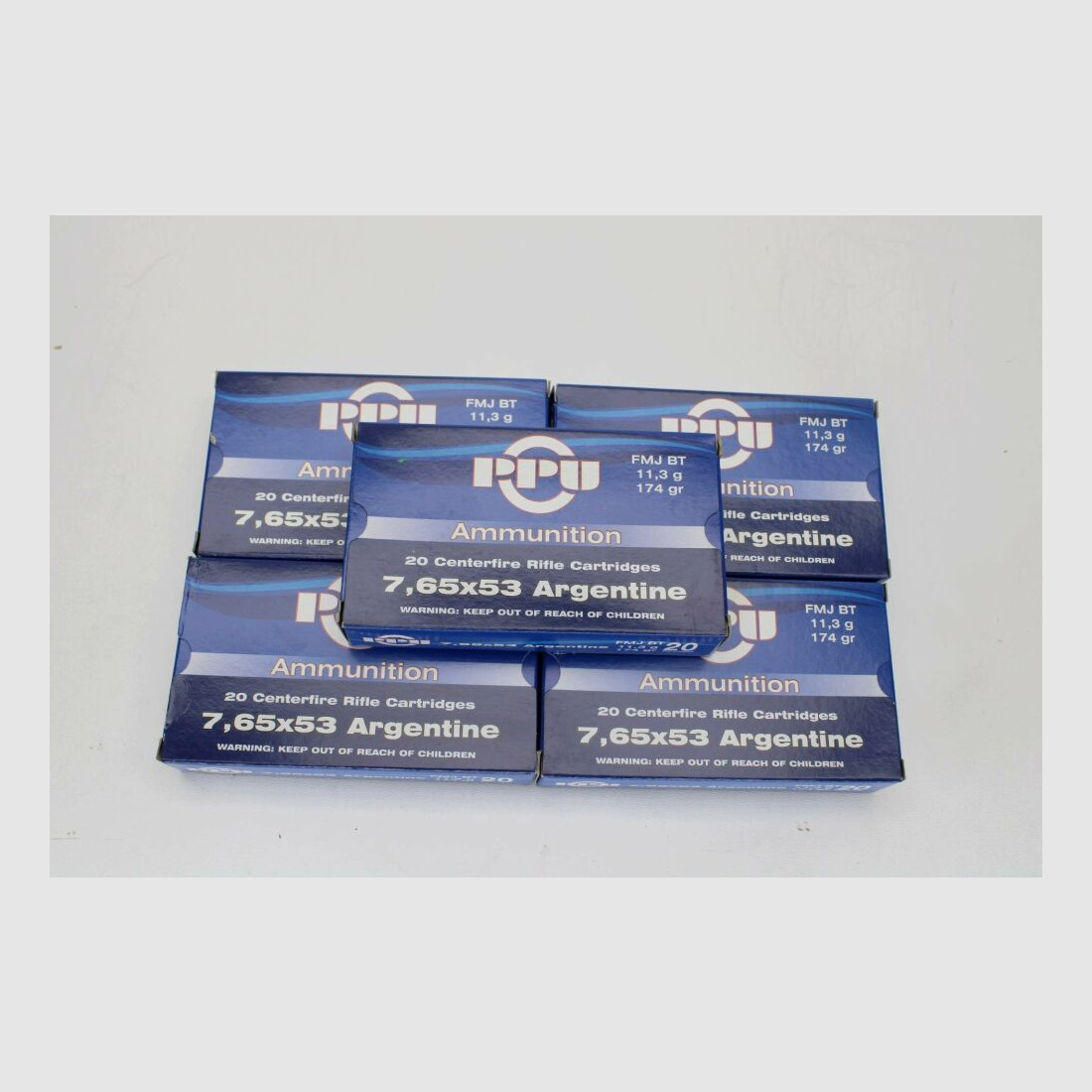 100 Schuß PPU 7,65x53 Argentine mit FMJ BT 11,3g / 174gr. 5x20er Pack