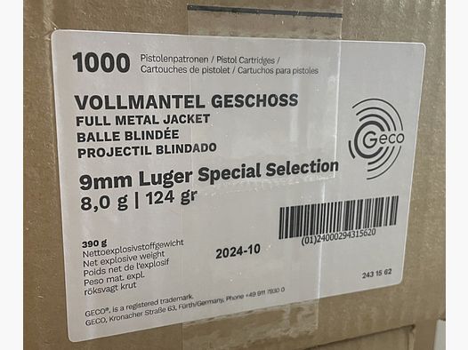 Munition GECO Special Selection 9mm Luger 124grs. FMJ 1000 Stück