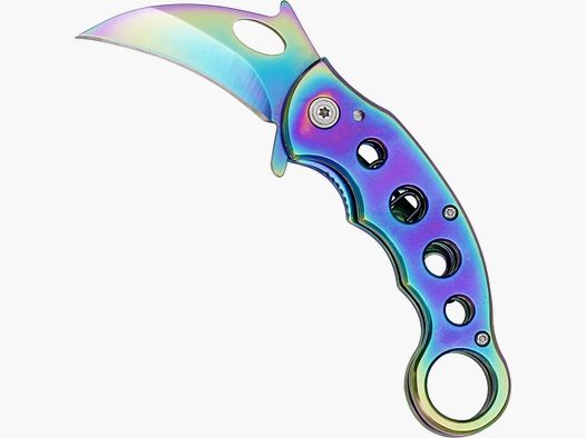 Cuchillo de bolsillo Karambit con recubrimiento arcoíris y anillo para el dedo