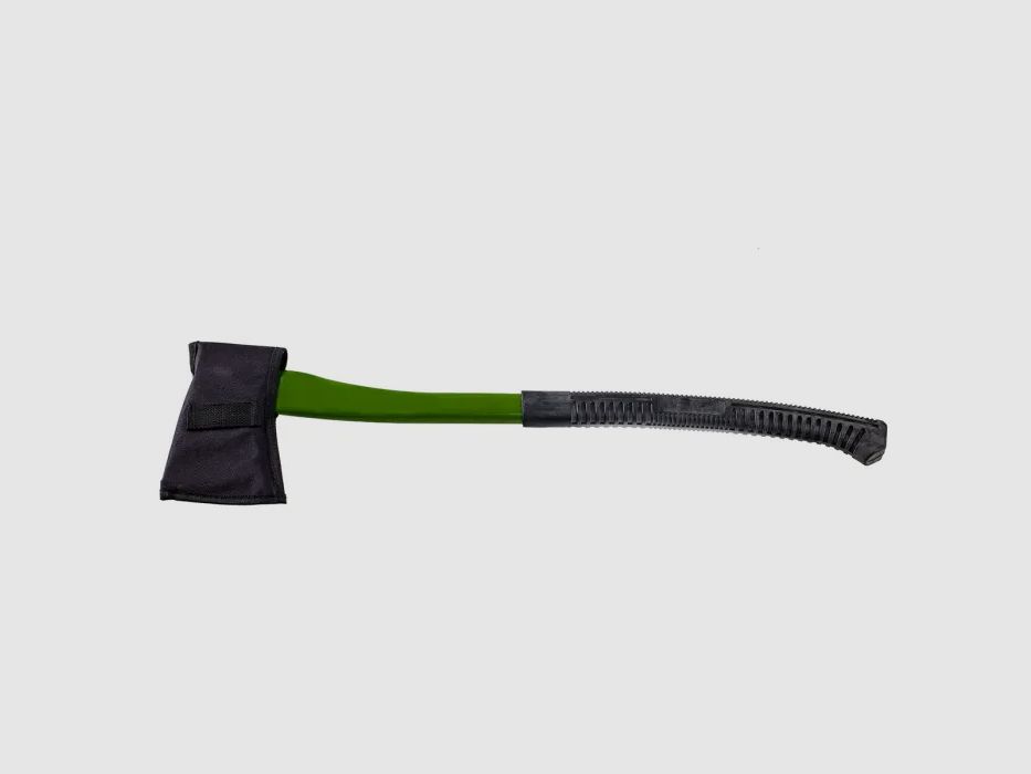 Hacha 70cm, acero, mango de fibra de vidrio, empuñadura de goma antideslizante, verde / negro - con funda
