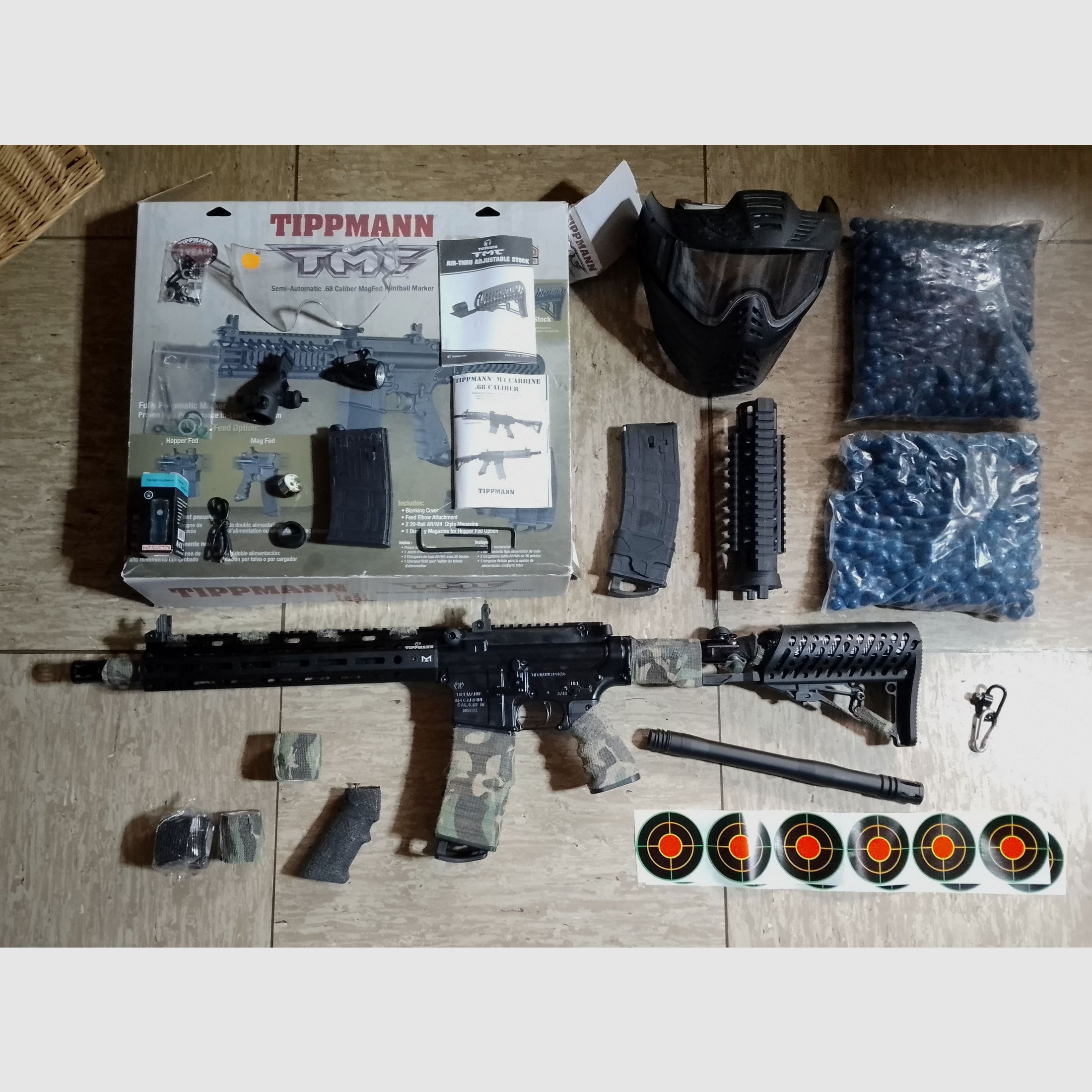 Tippmann Tmc Elite marker .68 accessories tuning barrel 1000 pcs. paintballs cal 68 set LED lamp 3 magazines mask original packaging