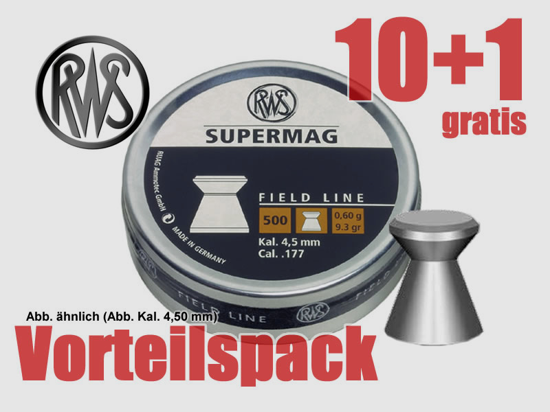 10+1 GRATIS x 500 St. RWS Flachkopf-Diabolo SUPERMAG, glatt, Kal. 4,5 mm, 0,60 g