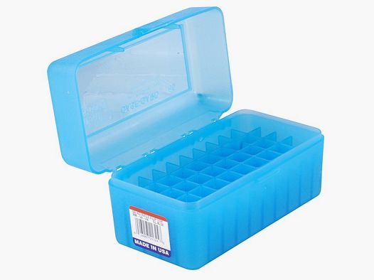 MTM cartridge box RM-50-24 blue clear with flip lid for 50 cartridges .22-250 - .308 and others.