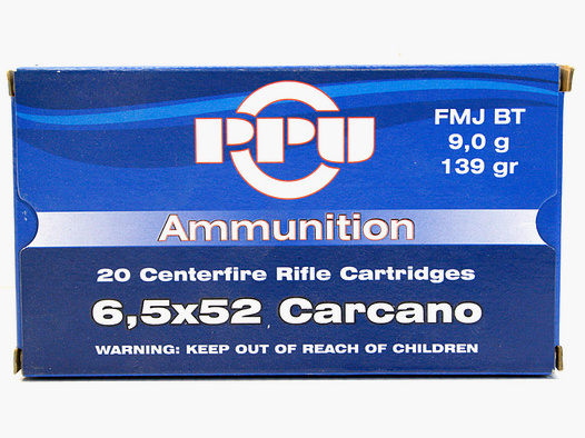 20 Schuss / 20 Patronen PPU 6,5x52 CARCANO 6.5 x 52 139gr 9,0g Vollmantel FMJ BT Munition Prvi Parti