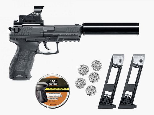 Umarex Heckler & Koch P30 Kit CO2 Luftpistole 4,5mm Diabolo + Schalldämpfer + 2 BB-Magazine + 5 Trommelmagazine + 500 Kugeln - NEU