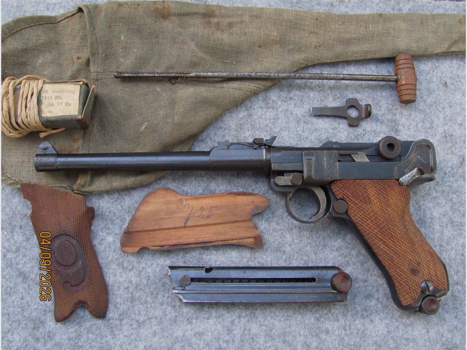 P 08 lang DWM 1917 rote 9 mit Originalzubehör und Stofftasche für Flieger, Zeppelin, Ballon, Panzer A7V