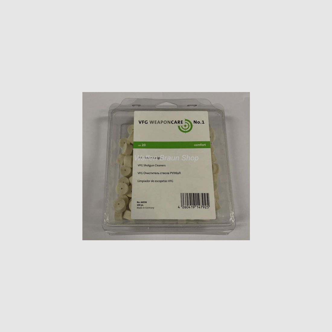 VFG Laufreiniger für Flinten "comfort".20 . Die Laufreiniger bestehen aus reinem Merino-Wollfilz.