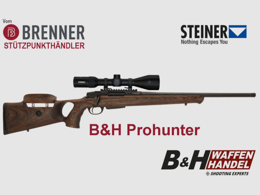 Brenner Komplettpaket: BR20 B&H Prohunter Lochschaft mit Verstellung inkl. Steiner 3-12x56 fertig montiert Jagdbüchse