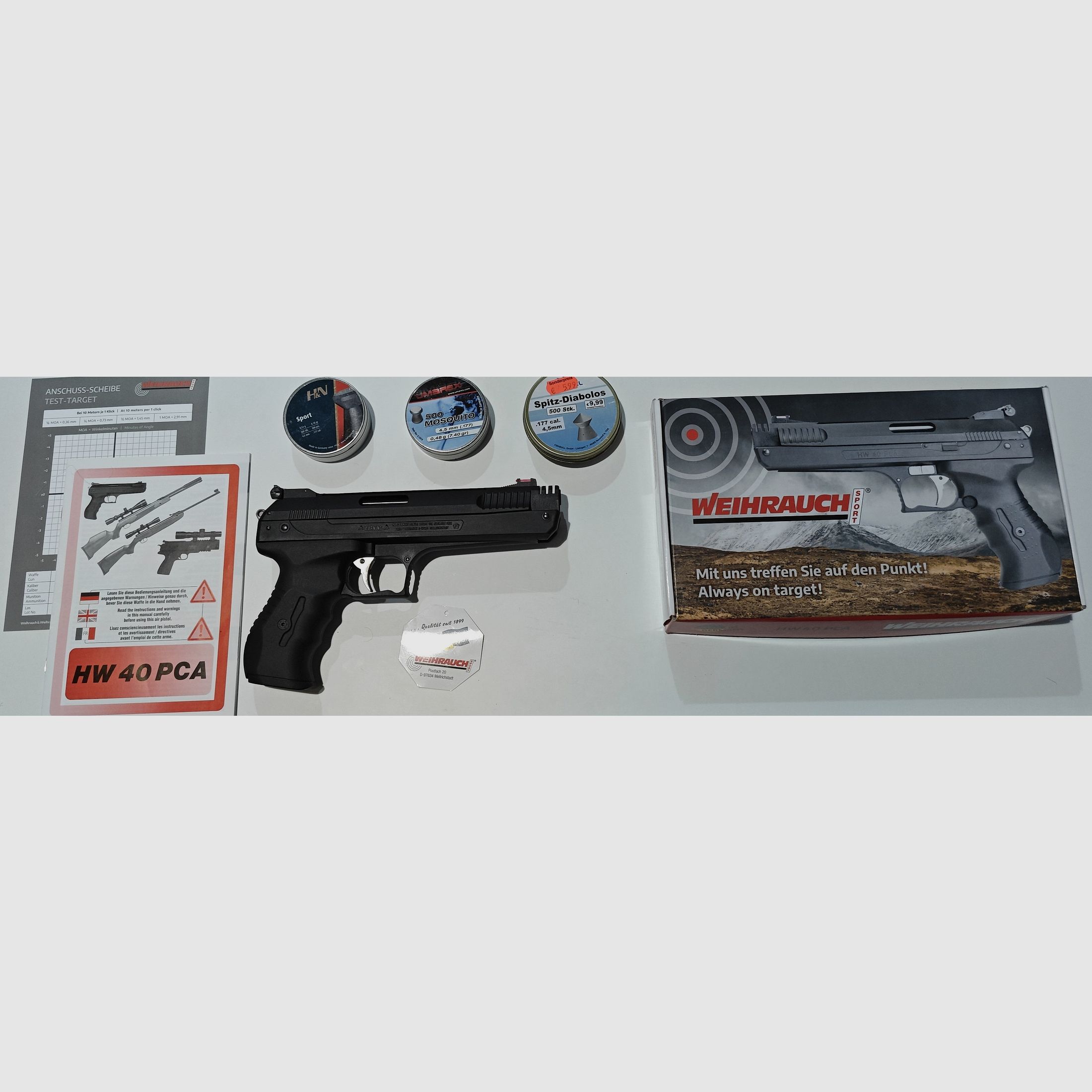 Weihrauch HW 40 PCA Luftpistole Kal. 4,5 mm (.177) neuwertig – Vorkomprimierer / prellschlagfrei – F-Zeichen, OVP & Diabolos