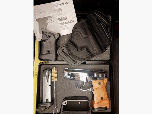 Zoraki 914 blank firing pistol 9mm P.A.K. chrome wood look (PTB 972 !!!) with 2 magazines, 2 pairs of grip panels and holster - like new!