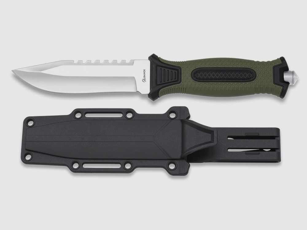 Leichtes Outdoor-Messer mit Glasbrecher und Kunststoffscheide grner Griff
