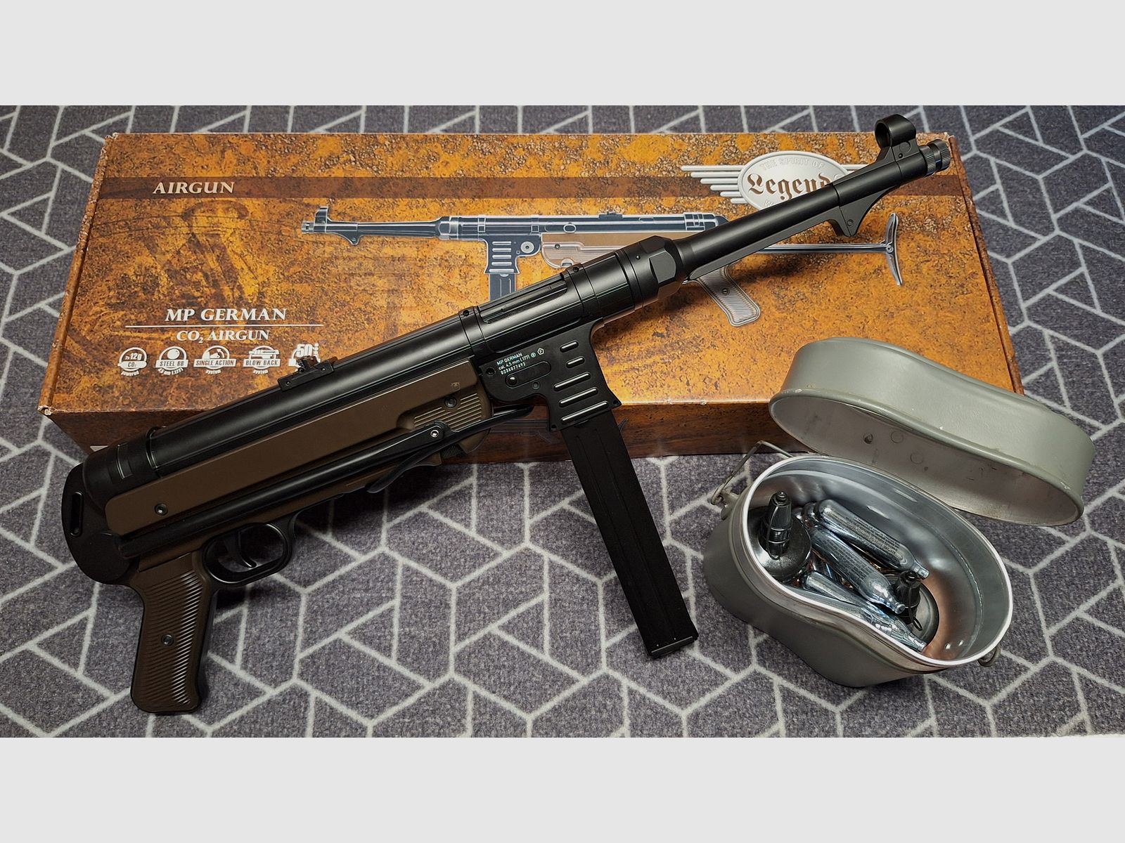 Legendy MP40 - 4,5 mm stalowe BB Co2 - Całkowicie metalowy! Z CO2+amunicją+uchwytem!