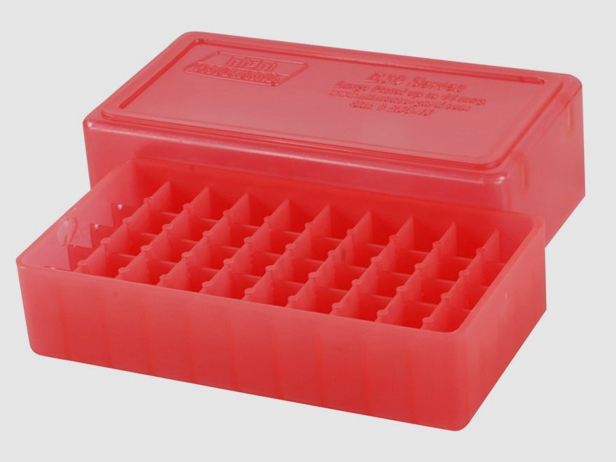 MTM cartridge box E50-45-29 red clear with lid for 50 cartridges .45 and others.